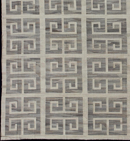Oversized Modern Kilim with large scale Greek Key Design in Cream & Gray Tones. Large size Kilim, Hand made large Kilim, Modern Kilim This modern Kilim features a large Greek Key Design, rendered in shades of gray, cream and white. Large ... - Keivan Woven ArtsAFG - 466 - 10392Rug