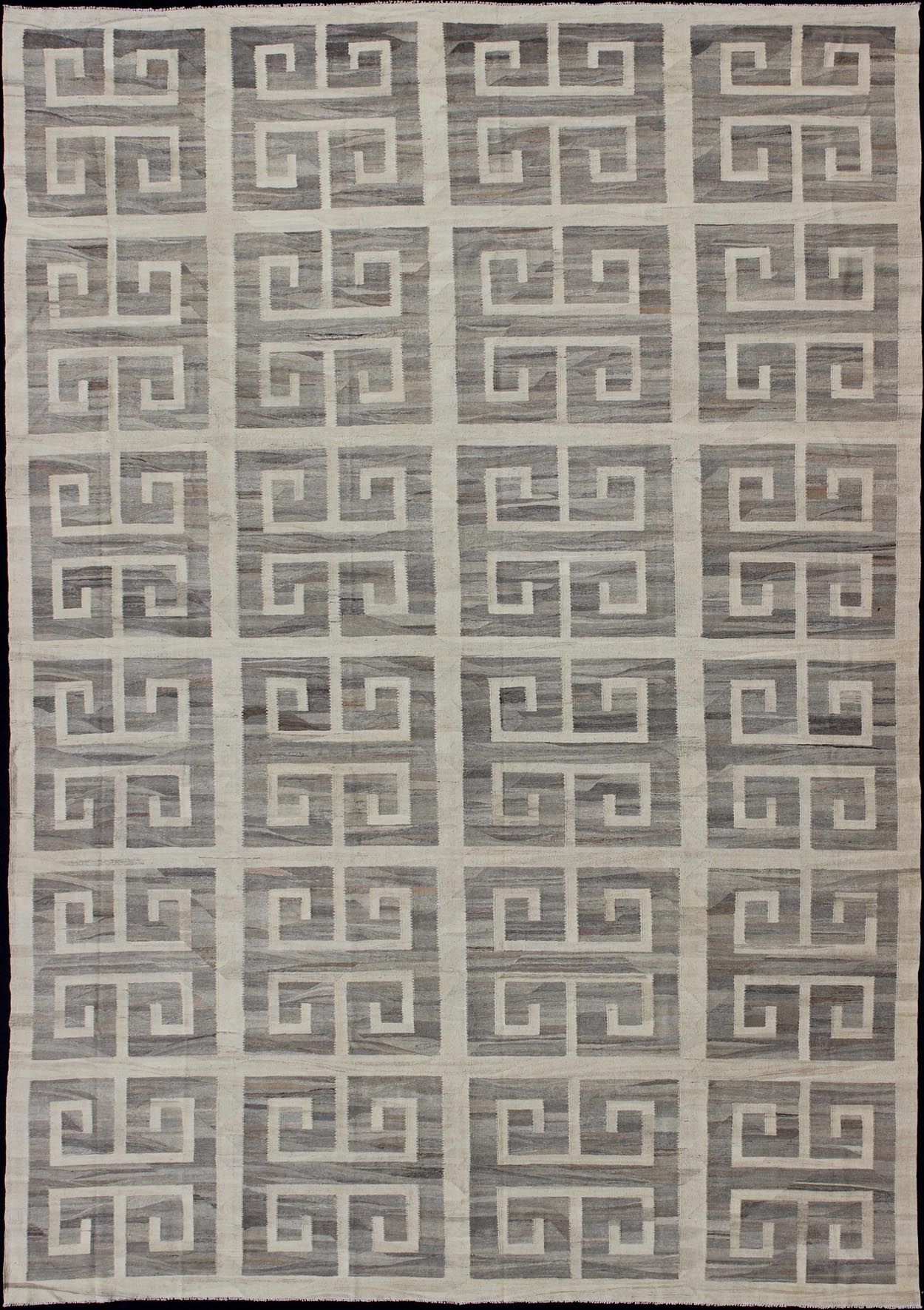 Oversized Modern Kilim with large scale Greek Key Design in Cream & Gray Tones. Large size Kilim, Hand made large Kilim, Modern Kilim This modern Kilim features a large Greek Key Design, rendered in shades of gray, cream and white. Large ... - Keivan Woven ArtsAFG - 466 - 10392Rug