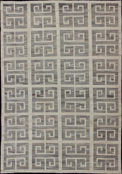 Oversized Modern Kilim with large scale Greek Key Design in Cream & Gray Tones. Large size Kilim, Hand made large Kilim, Modern Kilim This modern Kilim features a large Greek Key Design, rendered in shades of gray, cream and white. Large ... - Keivan Woven ArtsAFG - 466 - 10392Rug