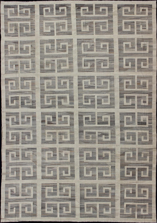 Oversized Modern Kilim with large scale Greek Key Design in Cream & Gray Tones. Large size Kilim, Hand made large Kilim, Modern Kilim This modern Kilim features a large Greek Key Design, rendered in shades of gray, cream and white. Large ... - Keivan Woven ArtsAFG - 466 - 10392Rug