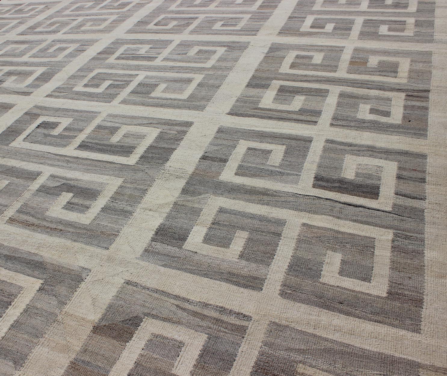 Oversized Modern Kilim with large scale Greek Key Design in Cream & Gray Tones. Large size Kilim, Hand made large Kilim, Modern Kilim This modern Kilim features a large Greek Key Design, rendered in shades of gray, cream and white. Large ... - Keivan Woven ArtsAFG - 466 - 10392Rug