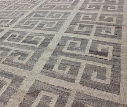 Oversized Modern Kilim with large scale Greek Key Design in Cream & Gray Tones. Large size Kilim, Hand made large Kilim, Modern Kilim This modern Kilim features a large Greek Key Design, rendered in shades of gray, cream and white. Large ... - Keivan Woven ArtsAFG - 466 - 10392Rug