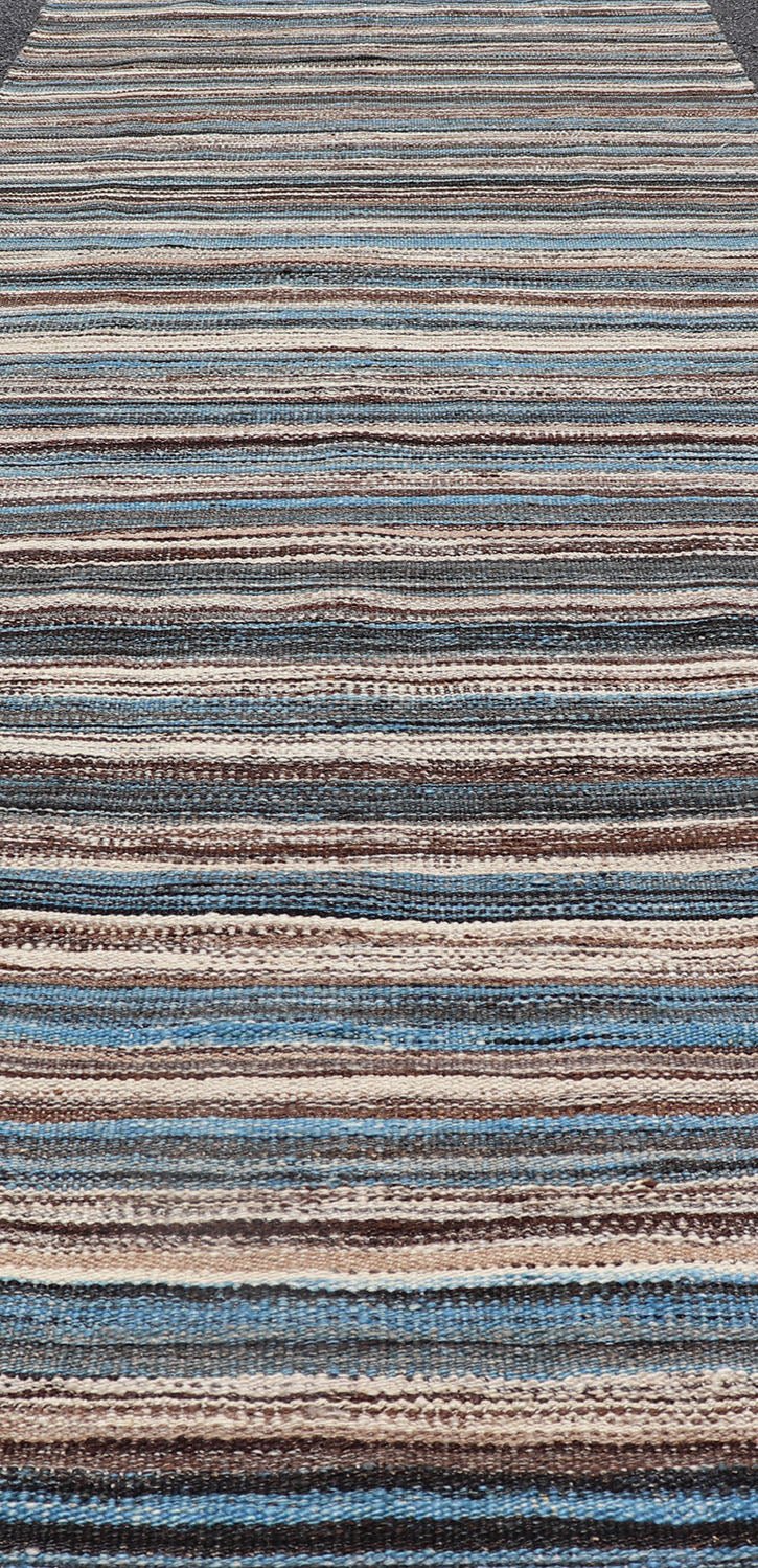 Modern Kilim Runner with Stripes in Shades of Blue, Brown, Light Gray and Cream Flat - weave Kilim runner with stripes with modern design in shades of blue, gray, brown and cream, rug AFG - 54, country of origin / type: Afghanistan / Kilim, Stripe K... - Keivan Woven ArtsAFG - 54 - 15743Rug