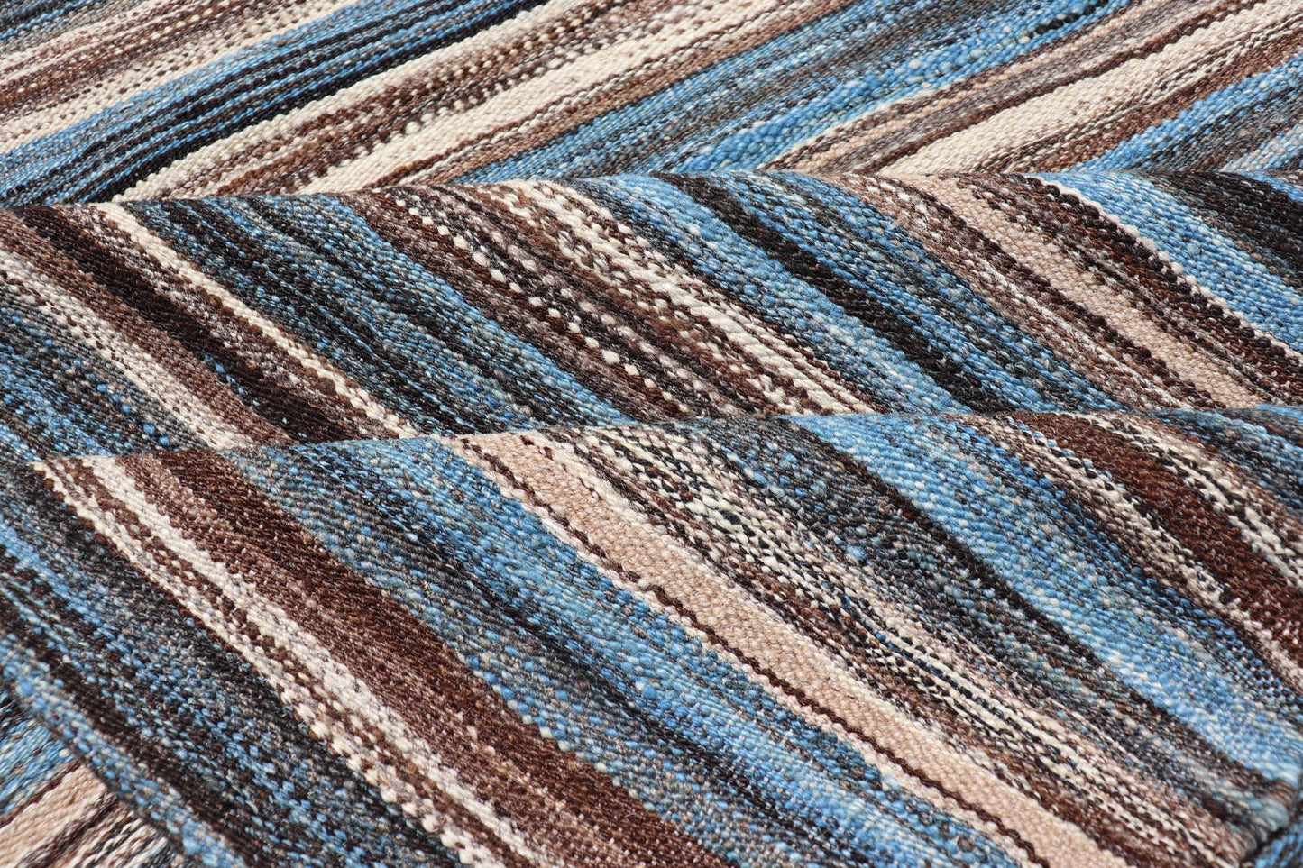 Modern Kilim Runner with Stripes in Shades of Blue, Brown, Light Gray and Cream Flat - weave Kilim runner with stripes with modern design in shades of blue, gray, brown and cream, rug AFG - 54, country of origin / type: Afghanistan / Kilim, Stripe K... - Keivan Woven ArtsAFG - 54 - 15743Rug