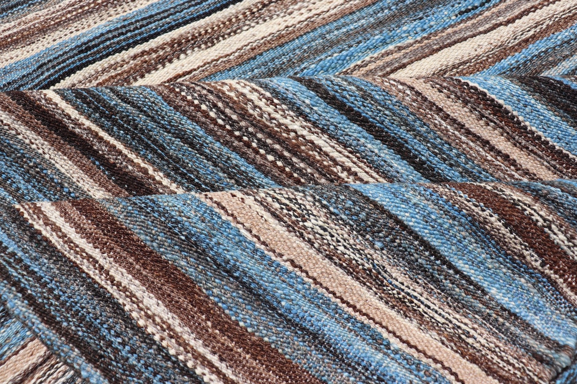 Modern Kilim Runner with Stripes in Shades of Blue, Brown, Light Gray and Cream Flat - weave Kilim runner with stripes with modern design in shades of blue, gray, brown and cream, rug AFG - 54, country of origin / type: Afghanistan / Kilim, Stripe K... - Keivan Woven ArtsAFG - 54 - 15743Rug
