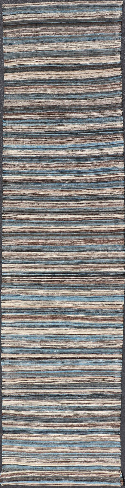 Modern Kilim Runner with Stripes in Shades of Blue, Brown, Light Gray and Cream Flat - weave Kilim runner with stripes with modern design in shades of blue, gray, brown and cream, rug AFG - 54, country of origin / type: Afghanistan / Kilim, Stripe K... - Keivan Woven ArtsAFG - 54 - 15743Rug