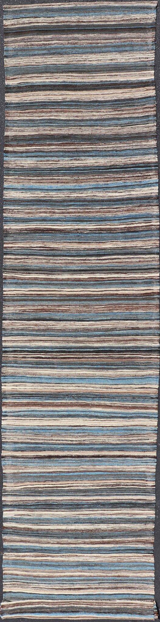 Modern Kilim Runner with Stripes in Shades of Blue, Brown, Light Gray and Cream Flat - weave Kilim runner with stripes with modern design in shades of blue, gray, brown and cream, rug AFG - 54, country of origin / type: Afghanistan / Kilim, Stripe K... - Keivan Woven ArtsAFG - 54 - 15743Rug