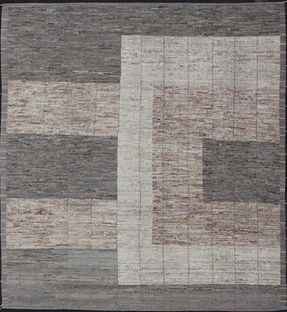 Large Modern Rug in Earth Tones with Square Size and Distressed Texture. Large architectural Modern Rug in Earth Tones with Square Size and Distressed Texture. Large Modern Casual Rug in minimalist design, modern design, with Square Modern Desi... - Keivan Woven ArtsAFG - 58200 - 21451Rug