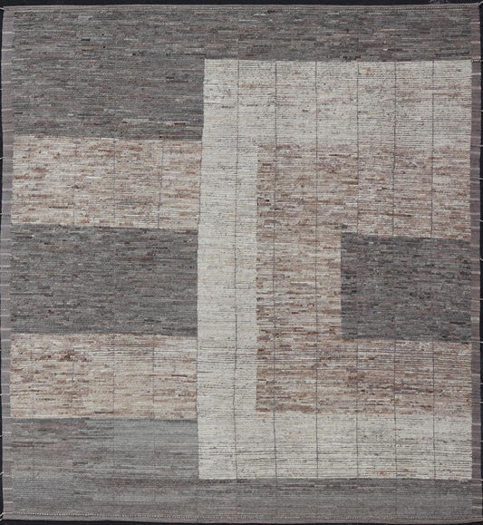 Large Modern Rug in Earth Tones with Square Size and Distressed Texture. Large architectural Modern Rug in Earth Tones with Square Size and Distressed Texture. Large Modern Casual Rug in minimalist design, modern design, with Square Modern Desi... - Keivan Woven ArtsAFG - 58200 - 21451Rug
