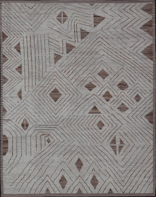 Fine Modern Rug in White & Light Brown Tones with Abstract & Geometric Design. Hand Knotted Modern Casual Sub - Geometric Tribal Design in Neutral Tones. Country of Origin: Afghanistan Keivan Woven Arts; AFG - 58215 Type: Modern Casual Design: Abstr... - Keivan Woven ArtsAFG - 58215 - 21547