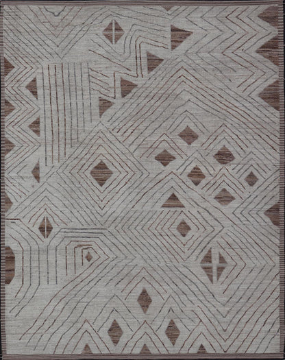 Fine Modern Rug in White & Light Brown Tones with Abstract & Geometric Design. Hand Knotted Modern Casual Sub - Geometric Tribal Design in Neutral Tones. Country of Origin: Afghanistan Keivan Woven Arts; AFG - 58215 Type: Modern Casual Design: Abstr... - Keivan Woven ArtsAFG - 58215 - 21547Rug