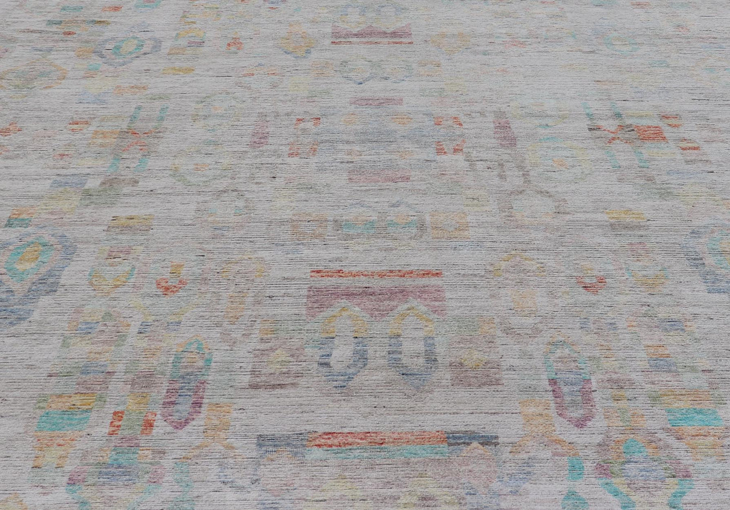 Large Hand Knotted Tribal Design Rug in off white With Pop of cheerful Colors. Hand Knotted Modern Rug in off White background and variety of light and fun colors and motifs. Keivan Woven Arts; rug / AFG - 58248 Country of Origin: Afghanistan Type... - Keivan Woven ArtsAFG - 58248 - 21553Rug