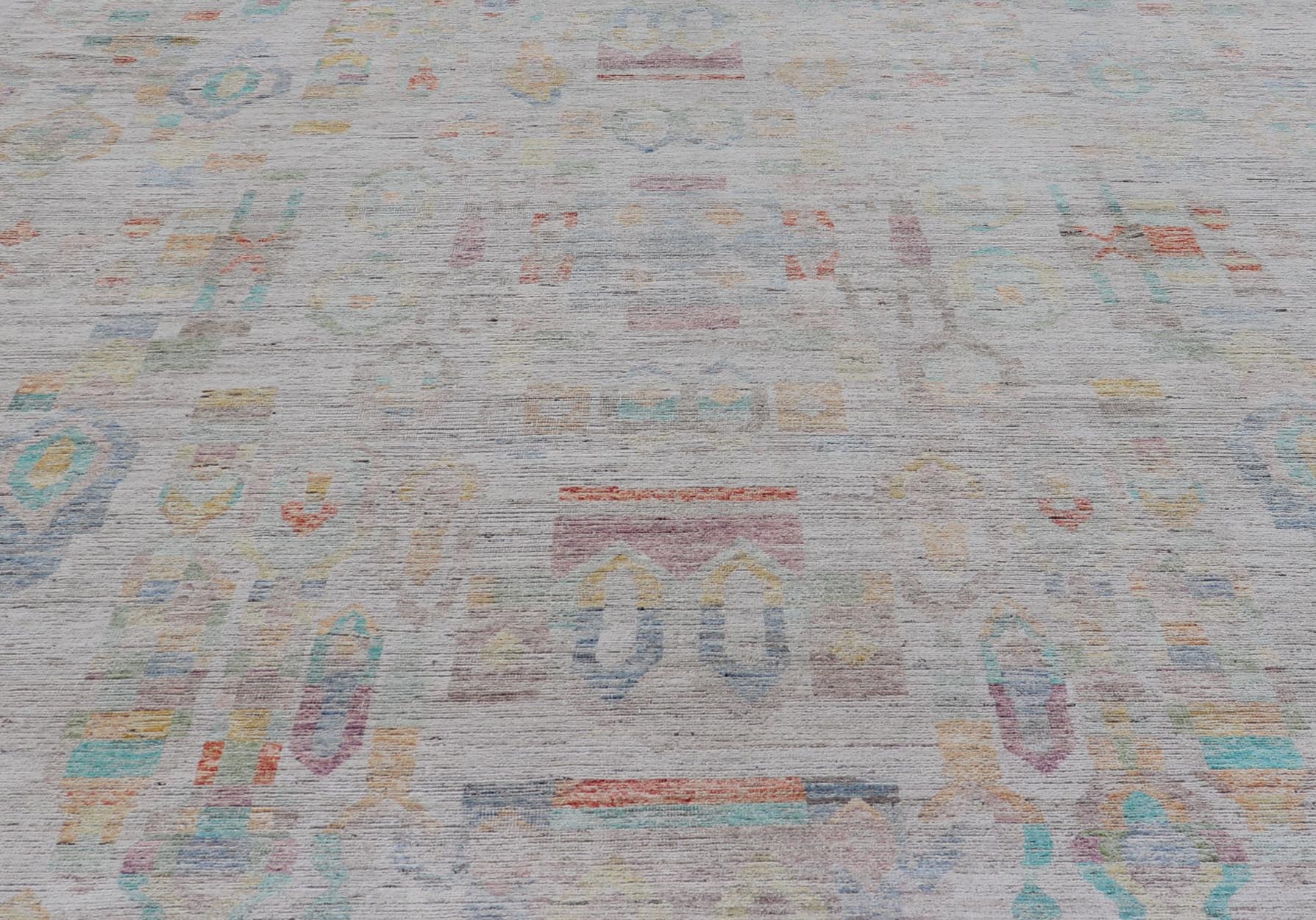Large Hand Knotted Tribal Design Rug in off white With Pop of cheerful Colors. Hand Knotted Modern Rug in off White background and variety of light and fun colors and motifs. Keivan Woven Arts; rug / AFG - 58248 Country of Origin: Afghanistan Type... - Keivan Woven ArtsAFG - 58248 - 21553Rug
