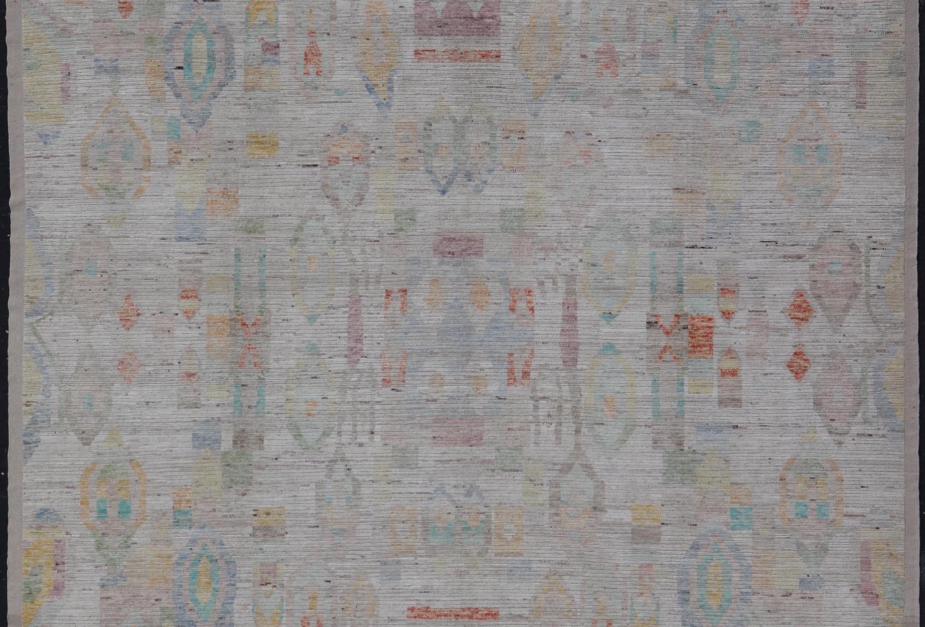 Large Hand Knotted Tribal Design Rug in off white With Pop of cheerful Colors. Hand Knotted Modern Rug in off White background and variety of light and fun colors and motifs. Keivan Woven Arts; rug / AFG - 58248 Country of Origin: Afghanistan Type... - Keivan Woven ArtsAFG - 58248 - 21553Rug