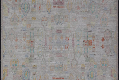Large Hand Knotted Tribal Design Rug in off white With Pop of cheerful Colors. Hand Knotted Modern Rug in off White background and variety of light and fun colors and motifs. Keivan Woven Arts; rug / AFG - 58248 Country of Origin: Afghanistan Type... - Keivan Woven ArtsAFG - 58248 - 21553Rug