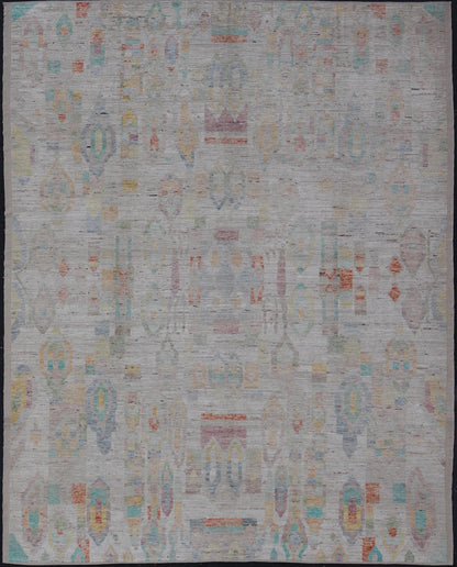 Large Hand Knotted Tribal Design Rug in off white With Pop of cheerful Colors. Hand Knotted Modern Rug in off White background and variety of light and fun colors and motifs. Keivan Woven Arts; rug / AFG - 58248 Country of Origin: Afghanistan Type... - Keivan Woven ArtsAFG - 58248 - 21553Rug