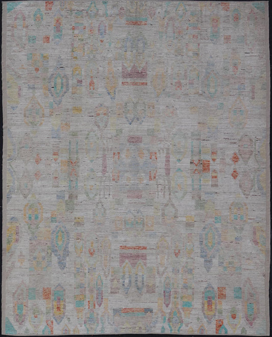 Large Hand Knotted Tribal Design Rug in off white With Pop of cheerful Colors. Hand Knotted Modern Rug in off White background and variety of light and fun colors and motifs. Keivan Woven Arts; rug / AFG - 58248 Country of Origin: Afghanistan Type... - Keivan Woven ArtsAFG - 58248 - 21553Rug