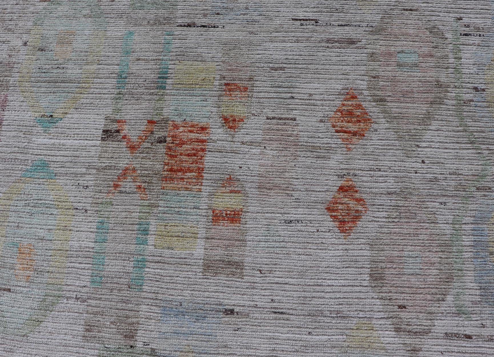 Large Hand Knotted Tribal Design Rug in off white With Pop of cheerful Colors. Hand Knotted Modern Rug in off White background and variety of light and fun colors and motifs. Keivan Woven Arts; rug / AFG - 58248 Country of Origin: Afghanistan Type... - Keivan Woven ArtsAFG - 58248 - 21553Rug