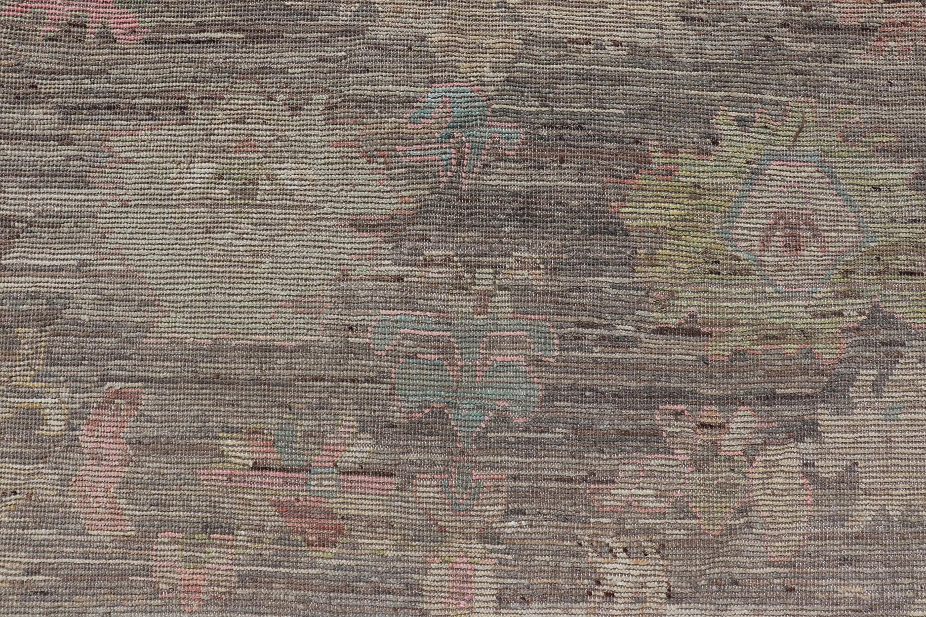 Modern Distressed Oushak in Large Floral Design on Brown Field and Tan Border, Keivan Woven Arts /rug AFG - 58300 Country of Origin: Afghanistan Type: Oushak Design: Floral, All - Over, Arabesque - Floral 21st century Measures: 8'11 x 11'6 Modern Oush... - Keivan Woven ArtsAFG - 58300 - 21233Rug
