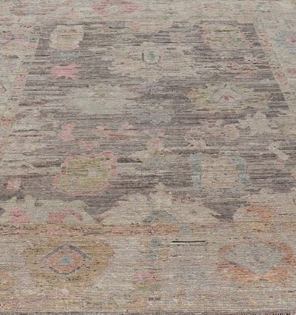 Modern Distressed Oushak in Large Floral Design on Brown Field and Tan Border, Keivan Woven Arts /rug AFG - 58300 Country of Origin: Afghanistan Type: Oushak Design: Floral, All - Over, Arabesque - Floral 21st century Measures: 8'11 x 11'6 Modern Oush... - Keivan Woven ArtsAFG - 58300 - 21233Rug