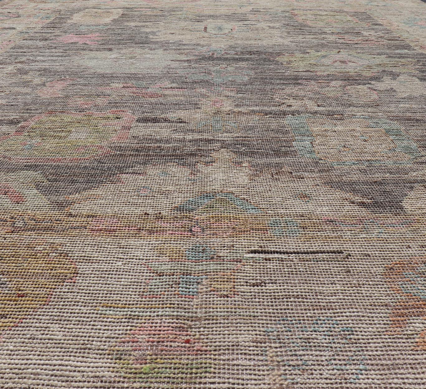 Modern Distressed Oushak in Large Floral Design on Brown Field and Tan Border, Keivan Woven Arts /rug AFG - 58300 Country of Origin: Afghanistan Type: Oushak Design: Floral, All - Over, Arabesque - Floral 21st century Measures: 8'11 x 11'6 Modern Oush... - Keivan Woven ArtsAFG - 58300 - 21233Rug