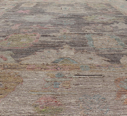 Modern Distressed Oushak in Large Floral Design on Brown Field and Tan Border, Keivan Woven Arts /rug AFG - 58300 Country of Origin: Afghanistan Type: Oushak Design: Floral, All - Over, Arabesque - Floral 21st century Measures: 8'11 x 11'6 Modern Oush... - Keivan Woven ArtsAFG - 58300 - 21233Rug