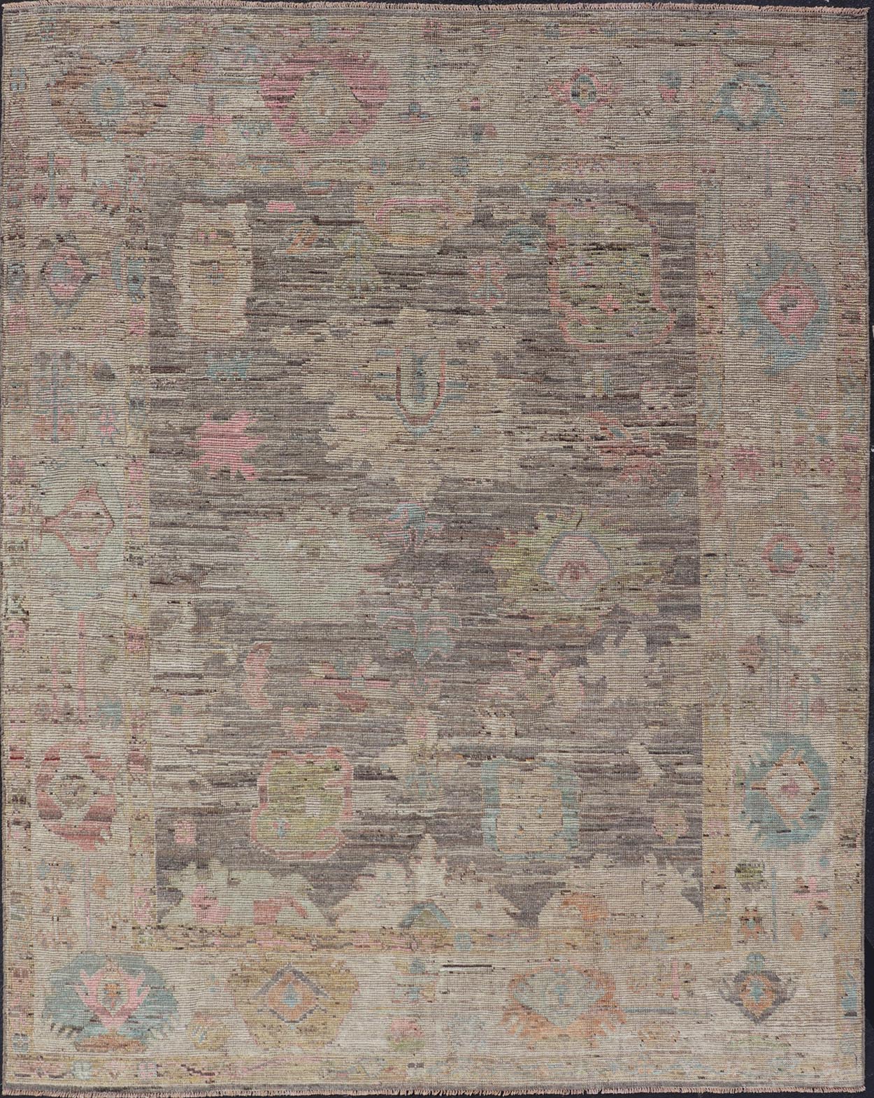 Modern Distressed Oushak in Large Floral Design on Brown Field and Tan Border, Keivan Woven Arts /rug AFG - 58300 Country of Origin: Afghanistan Type: Oushak Design: Floral, All - Over, Arabesque - Floral 21st century Measures: 8'11 x 11'6 Modern Oush... - Keivan Woven ArtsAFG - 58300 - 21233Rug