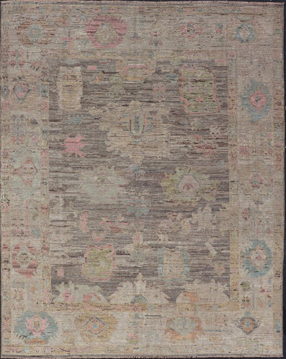 Modern Distressed Oushak in Large Floral Design on Brown Field and Tan Border, Keivan Woven Arts /rug AFG - 58300 Country of Origin: Afghanistan Type: Oushak Design: Floral, All - Over, Arabesque - Floral 21st century Measures: 8'11 x 11'6 Modern Oush... - Keivan Woven ArtsAFG - 58300 - 21233Rug