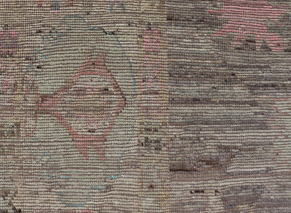 Modern Distressed Oushak in Large Floral Design on Brown Field and Tan Border, Keivan Woven Arts /rug AFG - 58300 Country of Origin: Afghanistan Type: Oushak Design: Floral, All - Over, Arabesque - Floral 21st century Measures: 8'11 x 11'6 Modern Oush... - Keivan Woven ArtsAFG - 58300 - 21233Rug