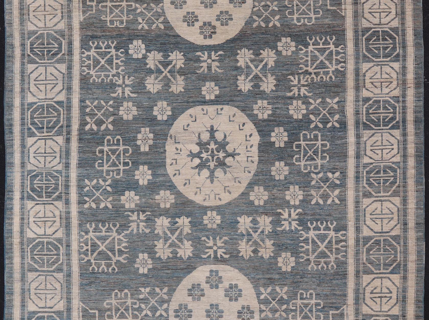Modern Khotan Long Rug with Circular Medallions in Shades Of Steel Blue & Off White. Keivan Woven Arts rug AFG - 58337, Keivan Woven Arts / country of origin / type: Afghanistan / Khotan Measures: 10'6 x 16'3 This modern Khotan made rug fe... - Keivan Woven ArtsAFG - 58337 - 21457Rug