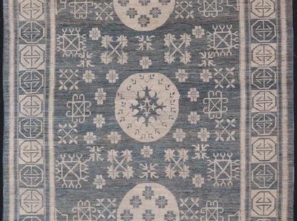 Modern Khotan Long Rug with Circular Medallions in Shades Of Steel Blue & Off White. Keivan Woven Arts rug AFG - 58337, Keivan Woven Arts / country of origin / type: Afghanistan / Khotan Measures: 10'6 x 16'3 This modern Khotan made rug fe... - Keivan Woven ArtsAFG - 58337 - 21457Rug