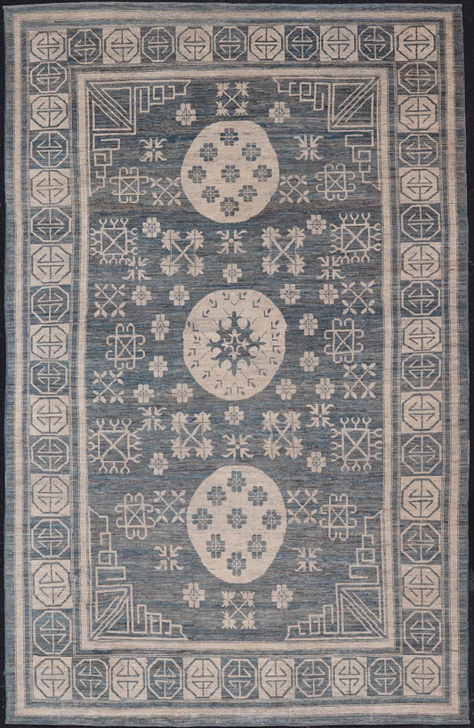Modern Khotan Long Rug with Circular Medallions in Shades Of Steel Blue & Off White. Keivan Woven Arts rug AFG - 58337, Keivan Woven Arts / country of origin / type: Afghanistan / Khotan Measures: 10'6 x 16'3 This modern Khotan made rug fe... - Keivan Woven ArtsAFG - 58337 - 21457