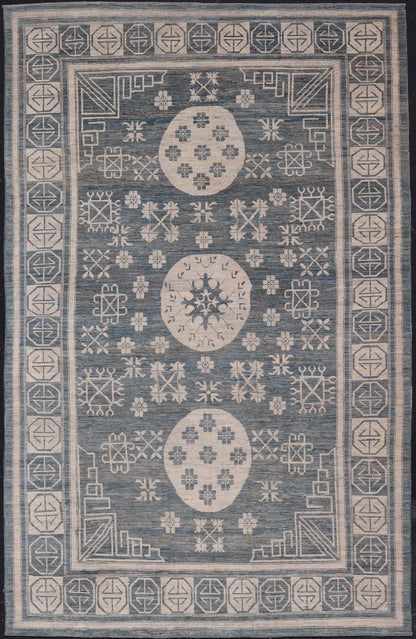 Modern Khotan Long Rug with Circular Medallions in Shades Of Steel Blue & Off White. Keivan Woven Arts rug AFG - 58337, Keivan Woven Arts / country of origin / type: Afghanistan / Khotan Measures: 10'6 x 16'3 This modern Khotan made rug fe... - Keivan Woven ArtsAFG - 58337 - 21457Rug