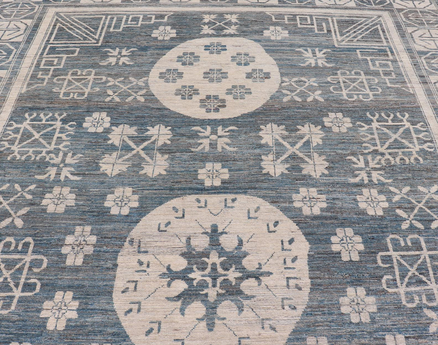 Modern Khotan Long Rug with Circular Medallions in Shades Of Steel Blue & Off White. Keivan Woven Arts rug AFG - 58337, Keivan Woven Arts / country of origin / type: Afghanistan / Khotan Measures: 10'6 x 16'3 This modern Khotan made rug fe... - Keivan Woven ArtsAFG - 58337 - 21457Rug