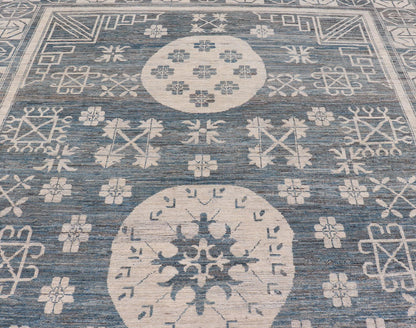 Modern Khotan Long Rug with Circular Medallions in Shades Of Steel Blue & Off White. Keivan Woven Arts rug AFG - 58337, Keivan Woven Arts / country of origin / type: Afghanistan / Khotan Measures: 10'6 x 16'3 This modern Khotan made rug fe... - Keivan Woven ArtsAFG - 58337 - 21457Rug