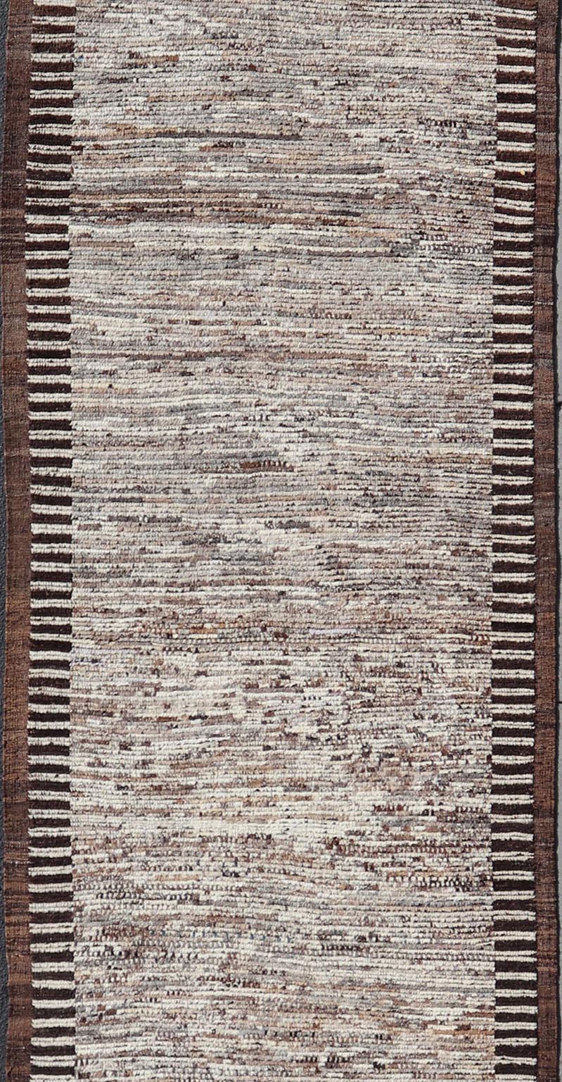 Modern Runner in Solid Minimalist Design & All Around Kilim Border in Brown Long Modern gallery Runner in Solid Minimalist Design & All Around Kilim Border in the sides and ends in Brown, Shades of brown and off white tones. Keivan Woven Arts / ... - Keivan Woven ArtsAFG - 58424 - 21475Rug