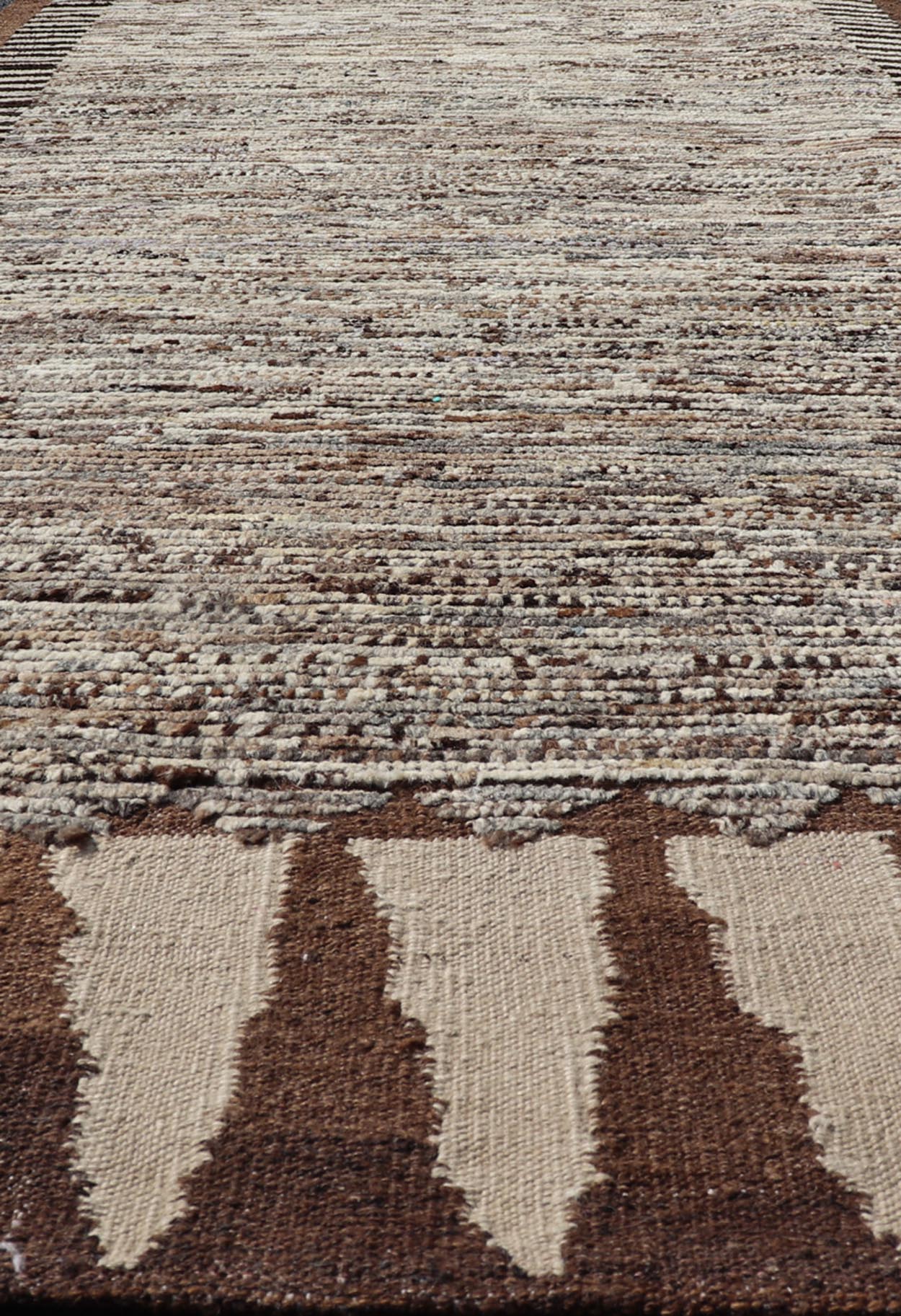 Modern Runner in Solid Minimalist Design & All Around Kilim Border in Brown Long Modern gallery Runner in Solid Minimalist Design & All Around Kilim Border in the sides and ends in Brown, Shades of brown and off white tones. Keivan Woven Arts / ... - Keivan Woven ArtsAFG - 58424 - 21475Rug