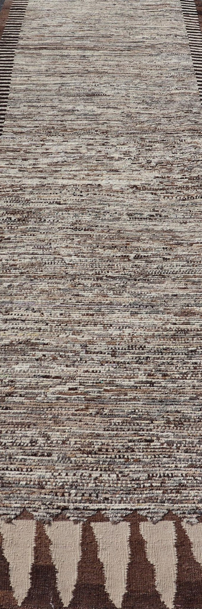 Modern Runner in Solid Minimalist Design & All Around Kilim Border in Brown Long Modern gallery Runner in Solid Minimalist Design & All Around Kilim Border in the sides and ends in Brown, Shades of brown and off white tones. Keivan Woven Arts / ... - Keivan Woven ArtsAFG - 58424 - 21475Rug