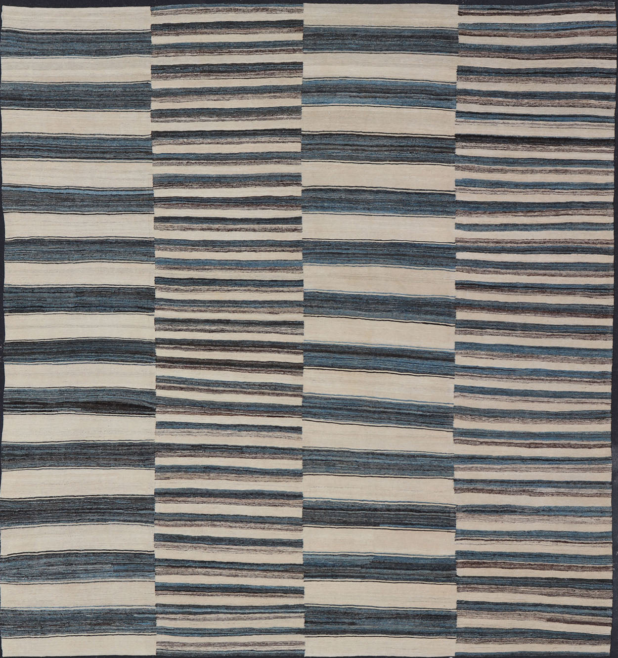 Sqaure Flat - Weave Kilim Rug with Classic Stripe Design in Blue, Cream, Brown Modern flat - weave Kilim rug with stripes in shades of light blue, charcoal, blue, cream. Rug AFG - 60, country of origin / type: Afghanistan / Kilim This flat - wove... - Keivan Woven ArtsAFG - 60 - 15747Rug