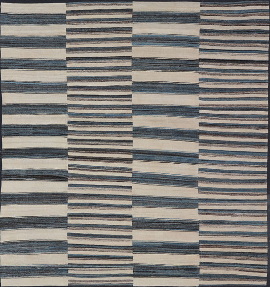 Sqaure Flat - Weave Kilim Rug with Classic Stripe Design in Blue, Cream, Brown Modern flat - weave Kilim rug with stripes in shades of light blue, charcoal, blue, cream. Rug AFG - 60, country of origin / type: Afghanistan / Kilim This flat - wove... - Keivan Woven ArtsAFG - 60 - 15747Rug