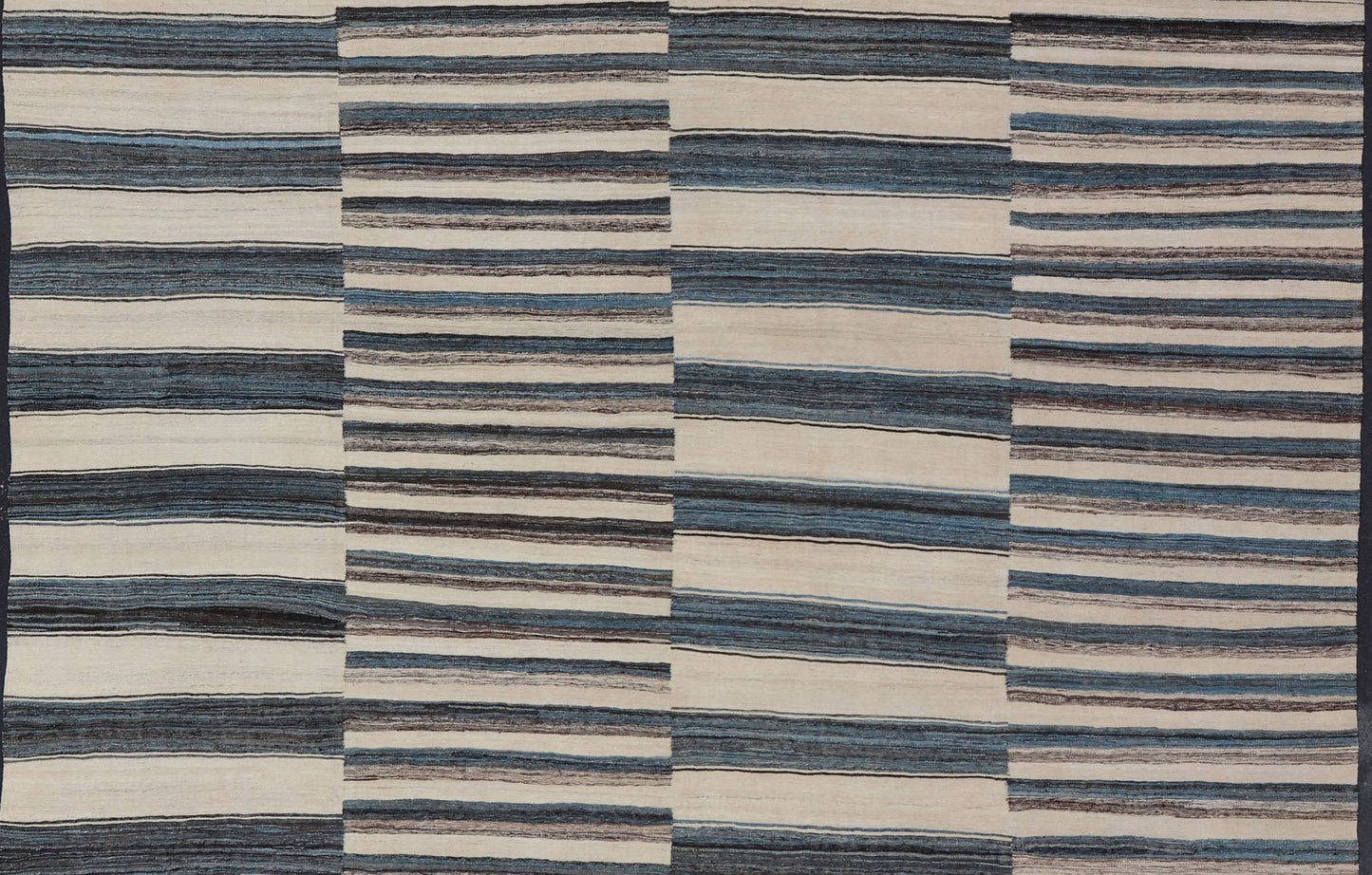 Sqaure Flat - Weave Kilim Rug with Classic Stripe Design in Blue, Cream, Brown Modern flat - weave Kilim rug with stripes in shades of light blue, charcoal, blue, cream. Rug AFG - 60, country of origin / type: Afghanistan / Kilim This flat - wove... - Keivan Woven ArtsAFG - 60 - 15747Rug