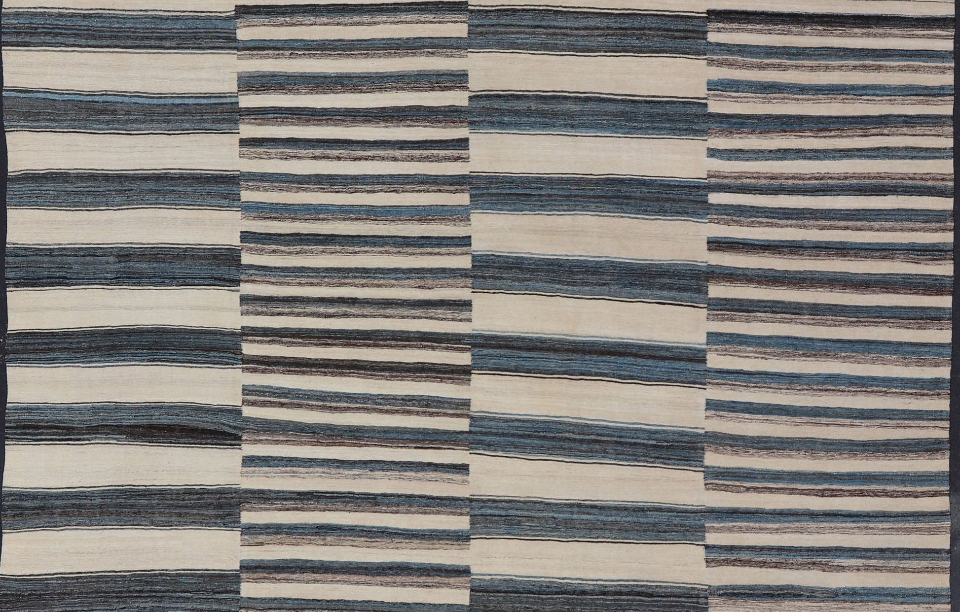 Sqaure Flat - Weave Kilim Rug with Classic Stripe Design in Blue, Cream, Brown Modern flat - weave Kilim rug with stripes in shades of light blue, charcoal, blue, cream. Rug AFG - 60, country of origin / type: Afghanistan / Kilim This flat - wove... - Keivan Woven ArtsAFG - 60 - 15747Rug