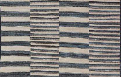 Sqaure Flat - Weave Kilim Rug with Classic Stripe Design in Blue, Cream, Brown Modern flat - weave Kilim rug with stripes in shades of light blue, charcoal, blue, cream. Rug AFG - 60, country of origin / type: Afghanistan / Kilim This flat - wove... - Keivan Woven ArtsAFG - 60 - 15747Rug