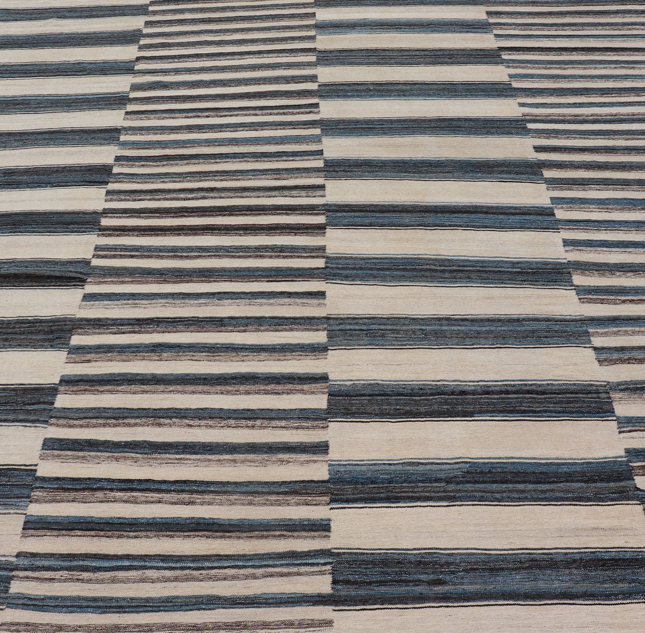 Sqaure Flat - Weave Kilim Rug with Classic Stripe Design in Blue, Cream, Brown Modern flat - weave Kilim rug with stripes in shades of light blue, charcoal, blue, cream. Rug AFG - 60, country of origin / type: Afghanistan / Kilim This flat - wove... - Keivan Woven ArtsAFG - 60 - 15747Rug