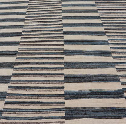 Sqaure Flat - Weave Kilim Rug with Classic Stripe Design in Blue, Cream, Brown Modern flat - weave Kilim rug with stripes in shades of light blue, charcoal, blue, cream. Rug AFG - 60, country of origin / type: Afghanistan / Kilim This flat - wove... - Keivan Woven ArtsAFG - 60 - 15747Rug