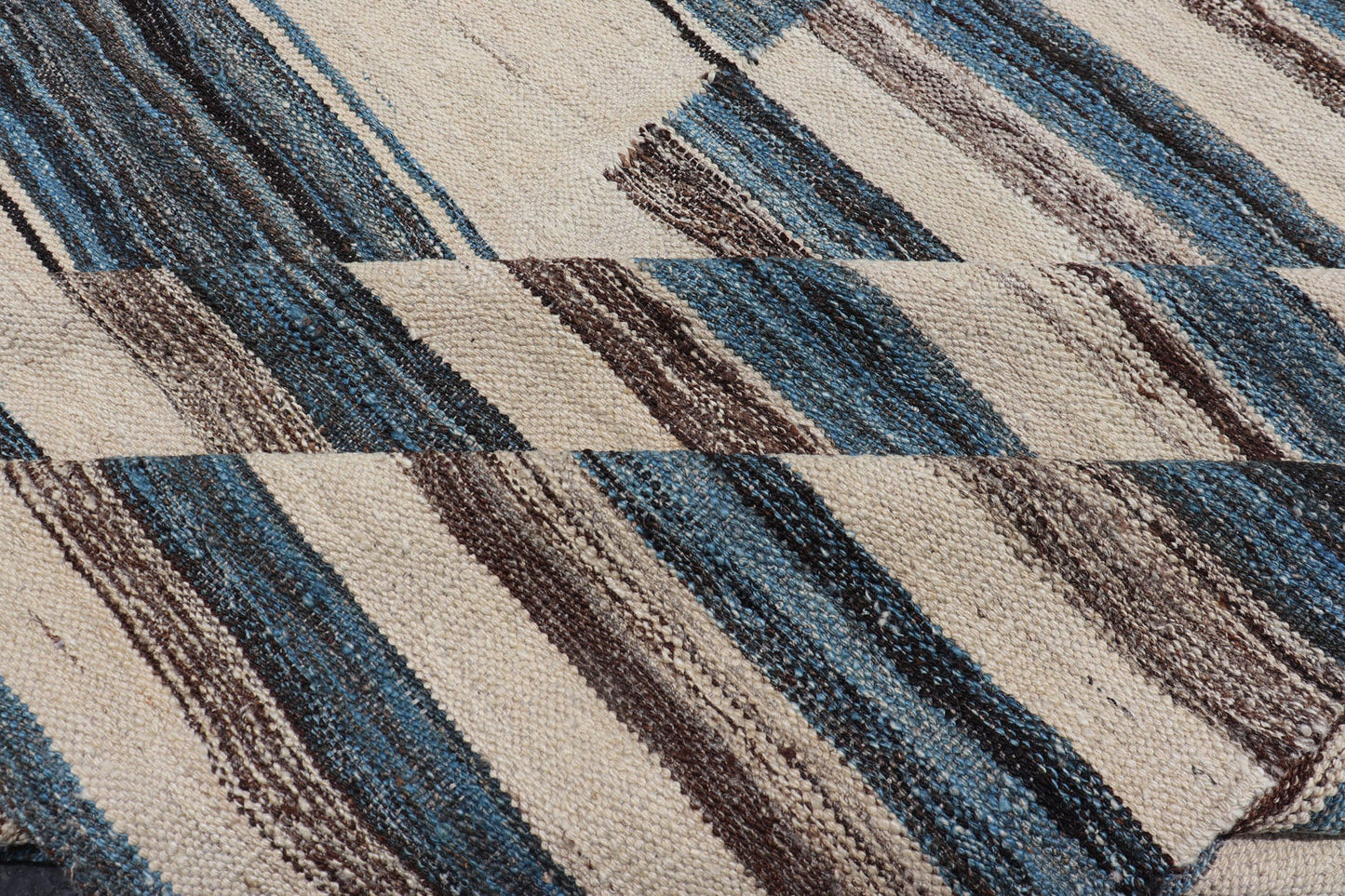 Sqaure Flat - Weave Kilim Rug with Classic Stripe Design in Blue, Cream, Brown Modern flat - weave Kilim rug with stripes in shades of light blue, charcoal, blue, cream. Rug AFG - 60, country of origin / type: Afghanistan / Kilim This flat - wove... - Keivan Woven ArtsAFG - 60 - 15747Rug