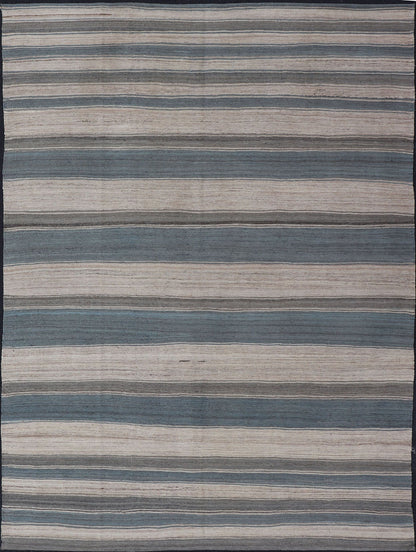 Flat - Weave Modern Kilim Rug with Stripes in Shades of Blue, Charcoal and Ivory Flat - weave Kilim rug with stripes with modern design in shades of blue, taupe, charcoal and ivory, Keivan Woven Arts / rug AFG - 62, country of origin / type: Afghanist... - Keivan Woven ArtsAFG - 62 - 15751Rug