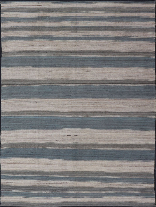 Flat - Weave Modern Kilim Rug with Stripes in Shades of Blue, Charcoal and Ivory Flat - weave Kilim rug with stripes with modern design in shades of blue, taupe, charcoal and ivory, Keivan Woven Arts / rug AFG - 62, country of origin / type: Afghanist... - Keivan Woven ArtsAFG - 62 - 15751Rug