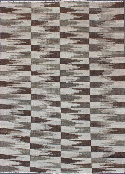 Fine Flat weave Modern Kilim in Neutrals, Browns and Greens Colors Green and various Brown tone modern design kilim, Keivan Woven Arts/ rug AFG - 6317, country of origin / type: Afghanistan / Kilim, condition: new Measures:5'7 x 8'2 ... - Keivan Woven ArtsAFG - 6317 - 10426Rug