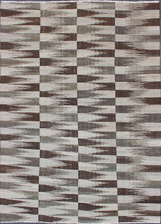 Fine Flat weave Modern Kilim in Neutrals, Browns and Greens Colors Green and various Brown tone modern design kilim, Keivan Woven Arts/ rug AFG - 6317, country of origin / type: Afghanistan / Kilim, condition: new Measures:5'7 x 8'2 ... - Keivan Woven ArtsAFG - 6317 - 10426Rug